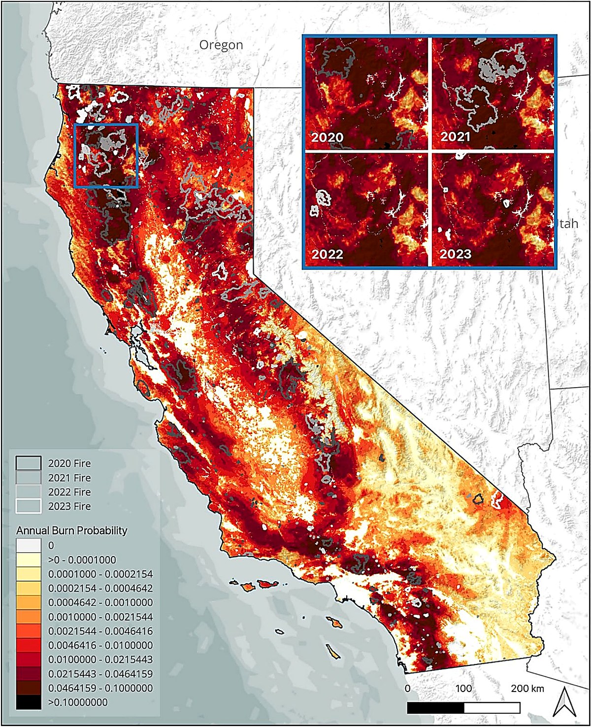 Annual burn probability map of California with fire perimeters from 2020 to 2023
