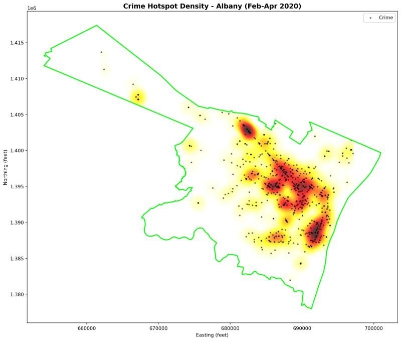 Kernel density estimate of crime hotspots in Albany, February to April 2020