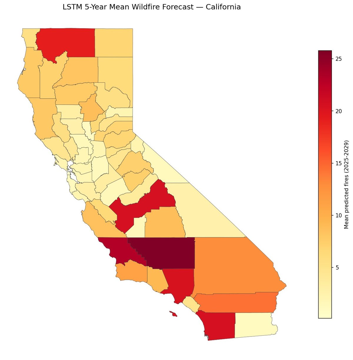 LSTM five year mean wildfire forecast for California counties
